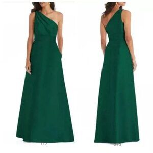 Alfred Sung NWT Bow One-Shoulder Satin Trumpet Gown Hunter Green Size 6 D794